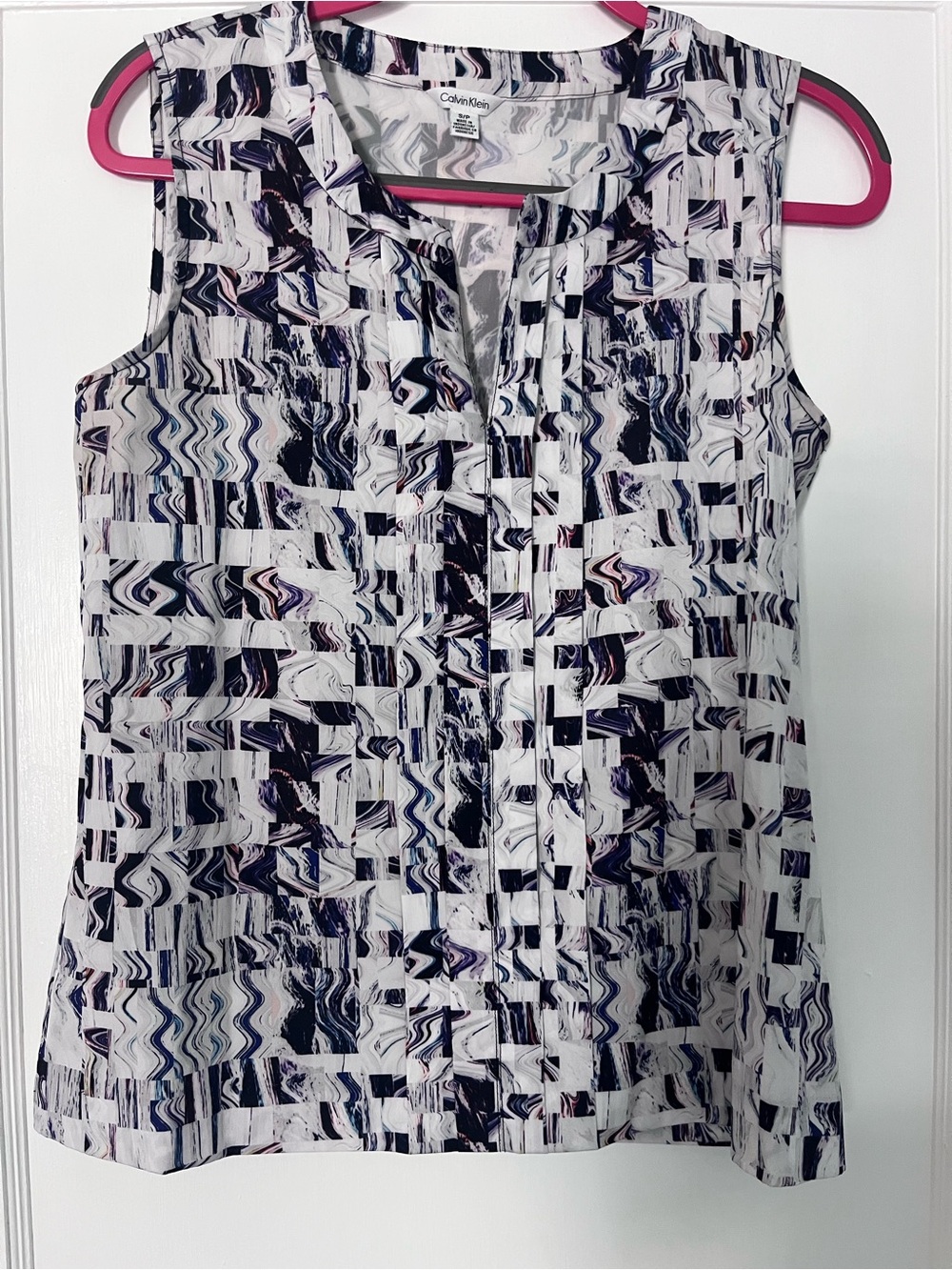 Calvin Klein White Sleeveless Camisole with Navy and Black Abstract Print